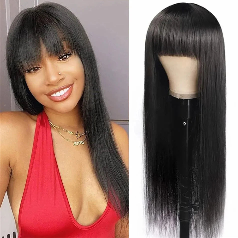 Silky Wig Human Hair Full Machine Made Straight 100% Human Hair Wigs With Bangs For Women Brazilian Cheap Wig On Sale Clearance