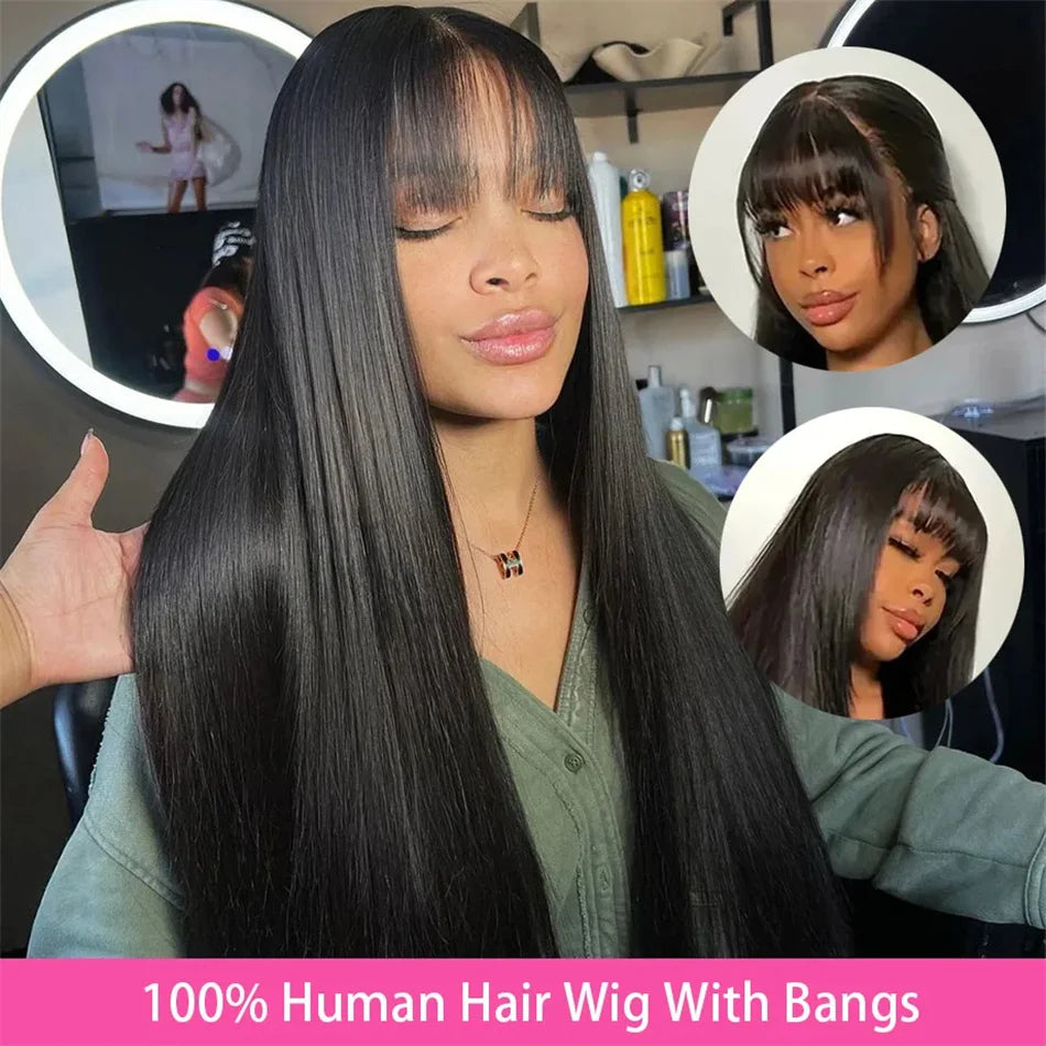 Silky Wig Human Hair Full Machine Made Straight 100% Human Hair Wigs With Bangs For Women Brazilian Cheap Wig On Sale Clearance