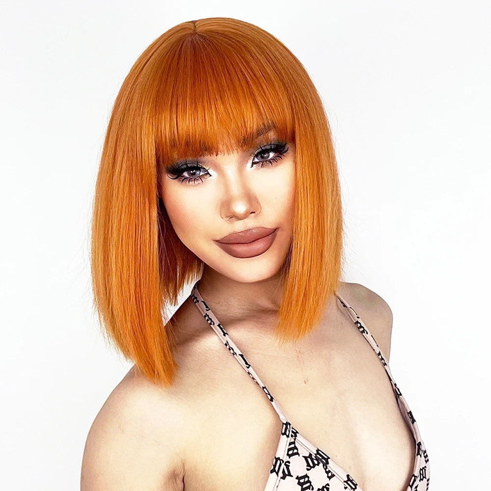 Synthetic Short Straight Orange Wig With Bangs Synthetic Fiber Wig African American White Female Cosplay/Party/Daily Wig