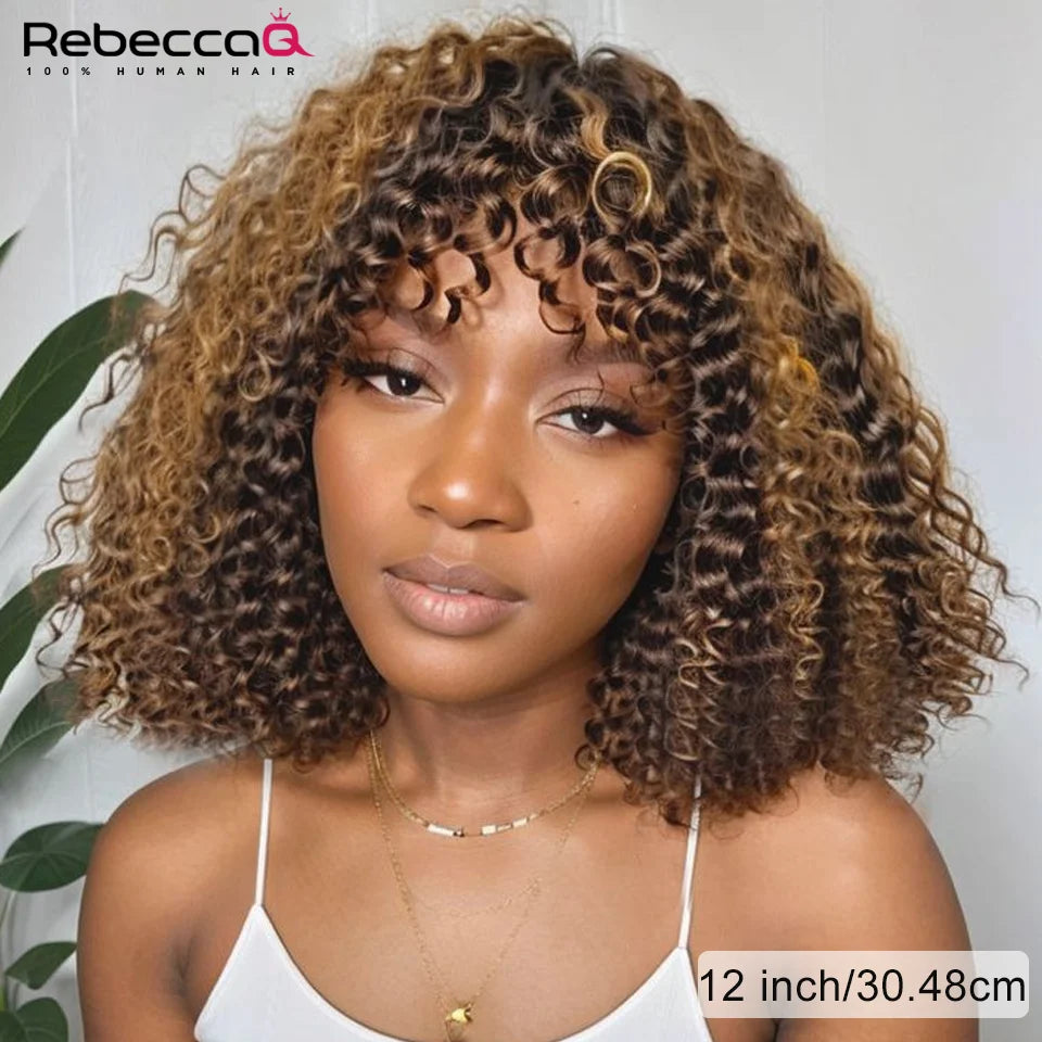 Short Curly Bob Human Hair Wigs With Bangs Full Machine Made Wigs Highlight Honey Blonde Colored Wigs For Women Cheap Remy Hair