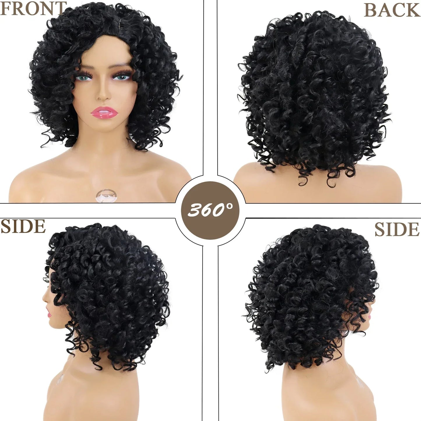 Synthetic Afro Black Curly Wigs for Women Wave African American Wig with Side Bang Natural Hairstyles Full Hair Replacement Wigs