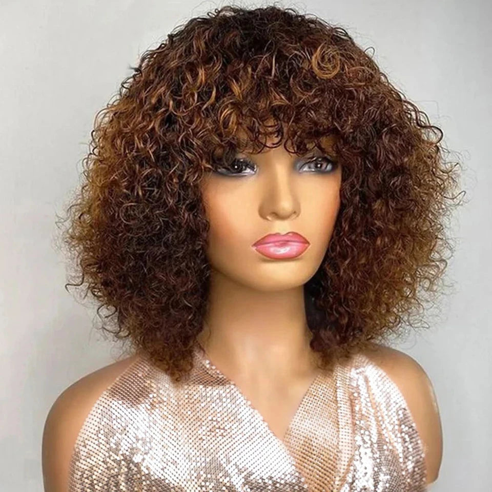 Short Pixie Bob Cut Human Hair Wigs With Bangs Jerry Curly Full Machine Wig Highlight Honey Blonde Colored Wigs For Women