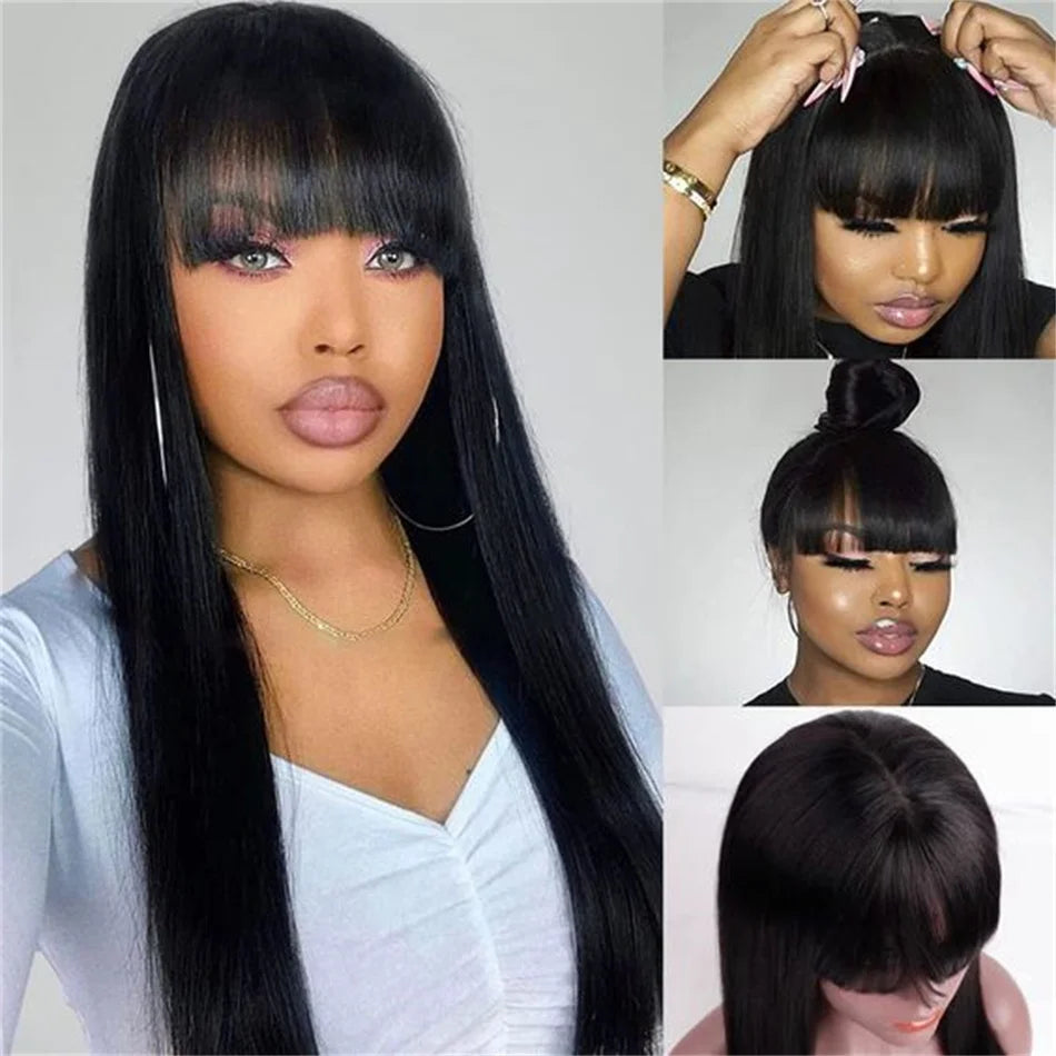 Silky Wig Human Hair Full Machine Made Straight 100% Human Hair Wigs With Bangs For Women Brazilian Cheap Wig On Sale Clearance