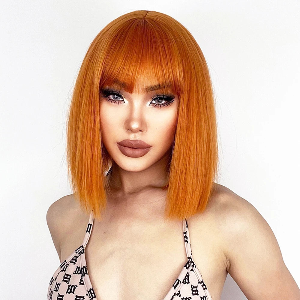 Synthetic Short Straight Orange Wig With Bangs Synthetic Fiber Wig African American White Female Cosplay/Party/Daily Wig