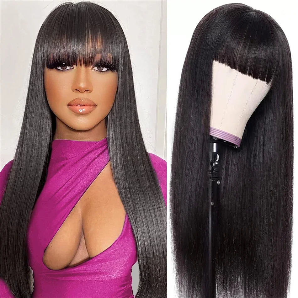 Silky Wig Human Hair Full Machine Made Straight 100% Human Hair Wigs With Bangs For Women Brazilian Cheap Wig On Sale Clearance