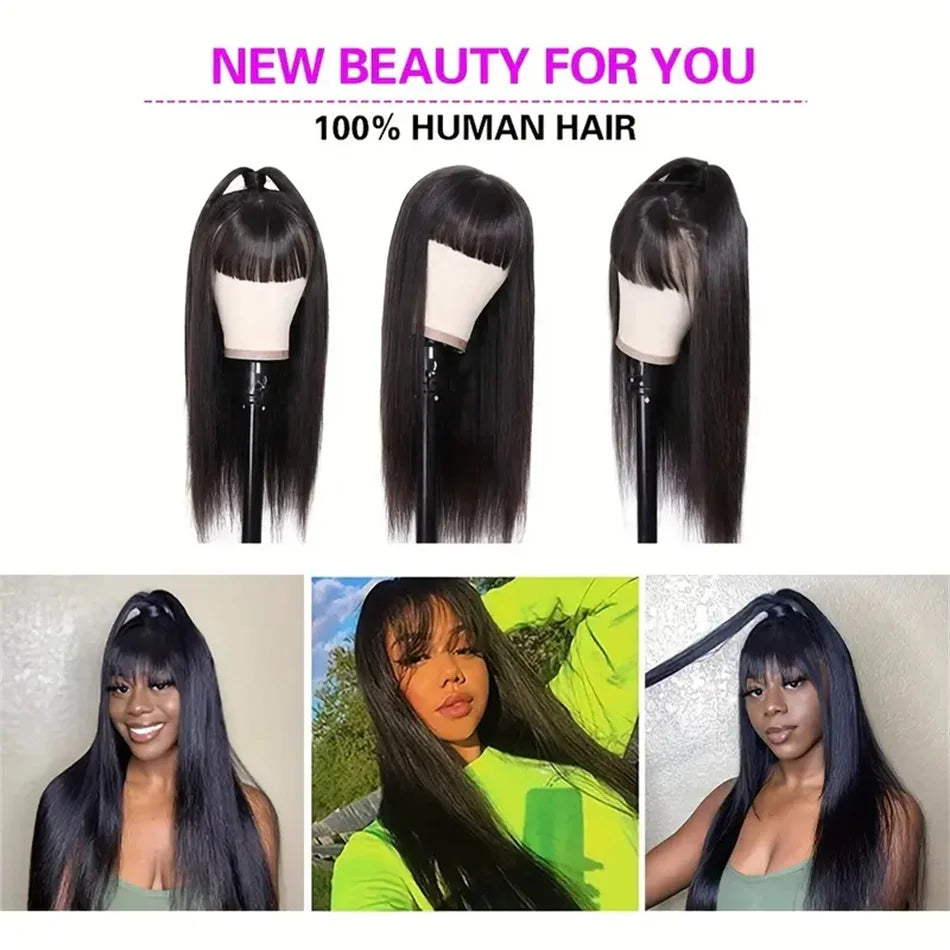 Silky Wig Human Hair Full Machine Made Straight 100% Human Hair Wigs With Bangs For Women Brazilian Cheap Wig On Sale Clearance