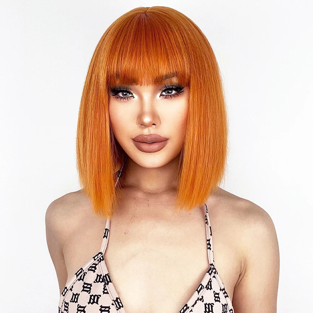 Synthetic Short Straight Orange Wig With Bangs Synthetic Fiber Wig African American White Female Cosplay/Party/Daily Wig