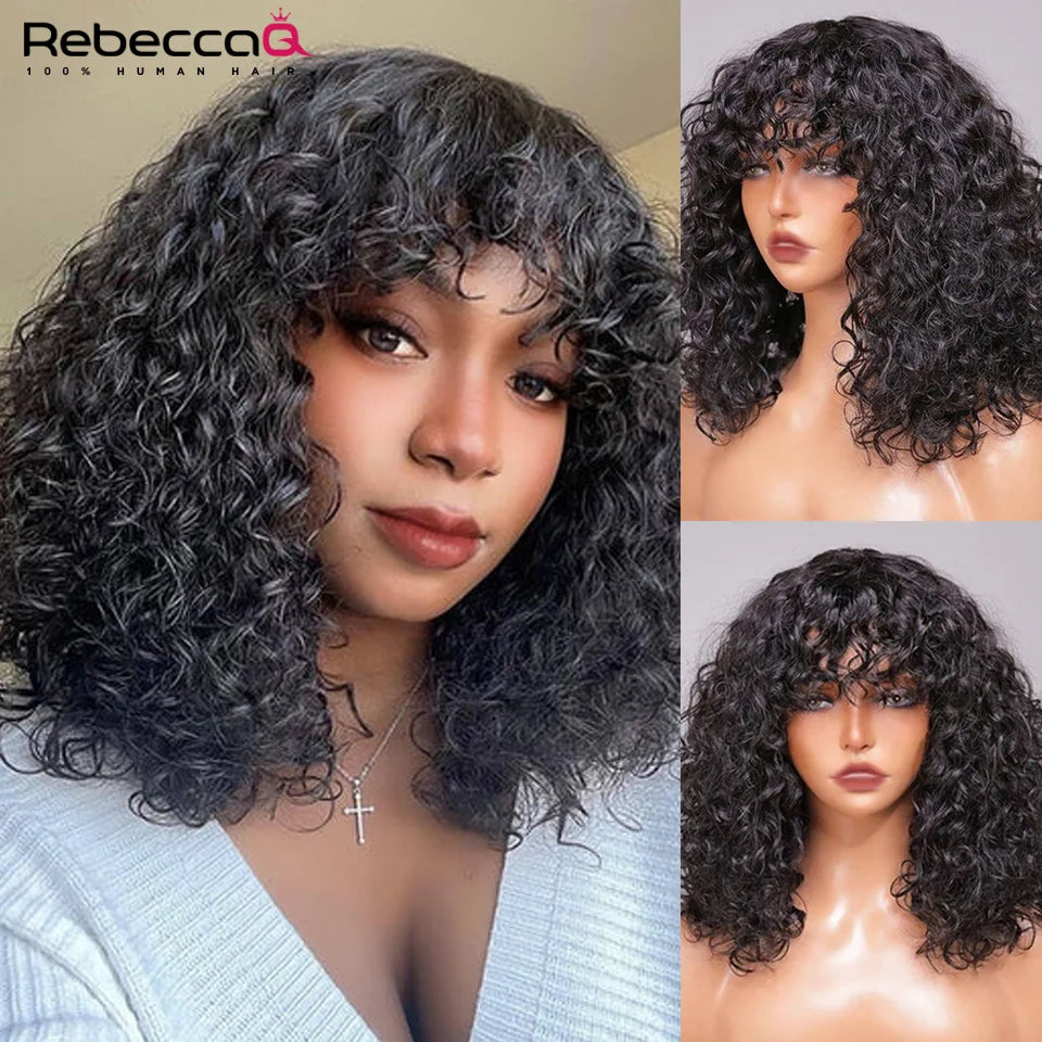 Short Curly Bob Human Hair Wigs With Bangs Full Machine Made Wigs Highlight Honey Blonde Colored Wigs For Women Cheap Remy Hair